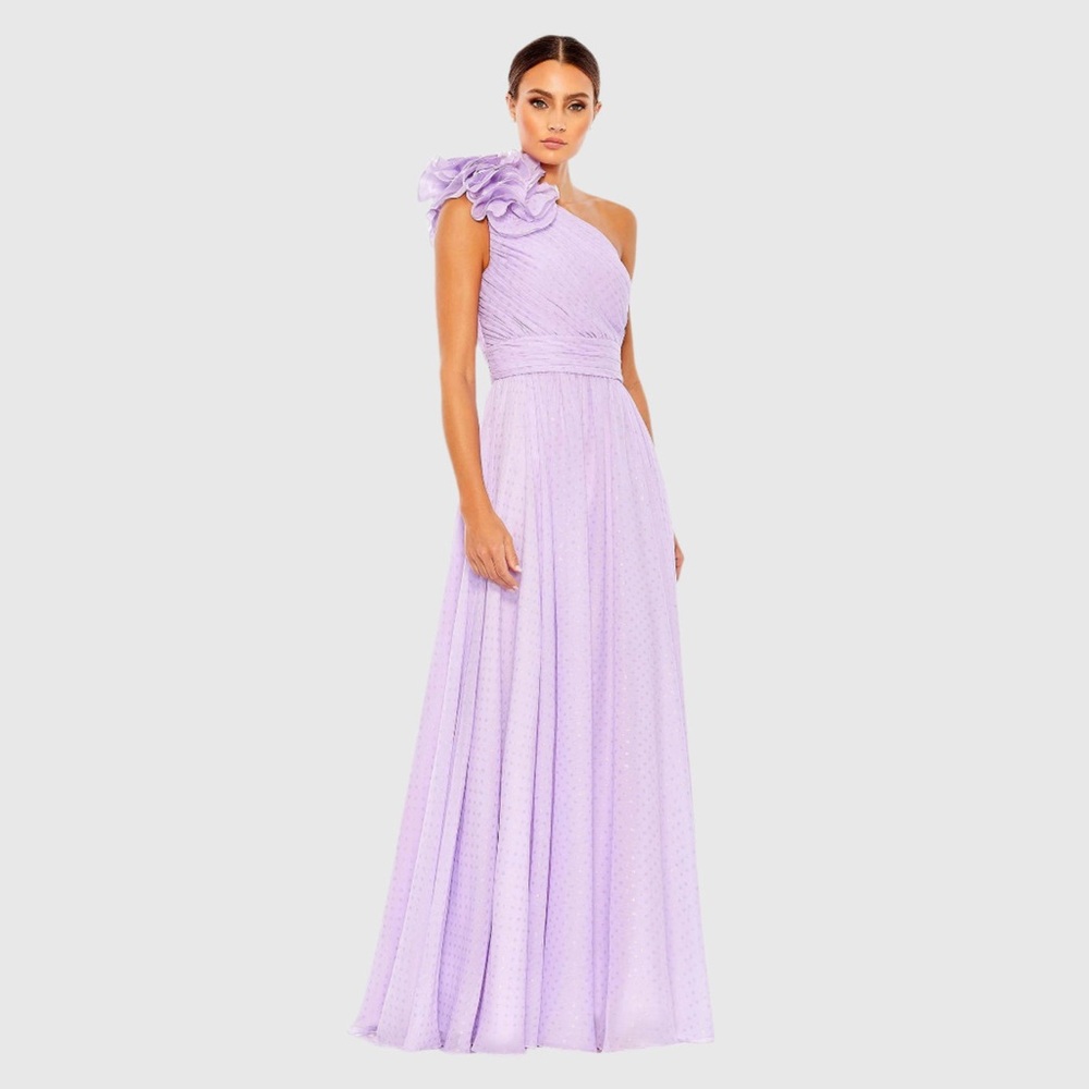 MAC DUGGAL Purple Polka Dot Ruffled One Shoulder Gown Size 2 New with Tags